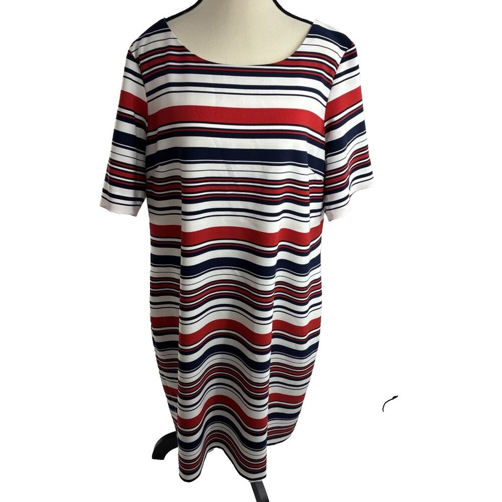 Preston & York Womens Dress Stripe Short Sleeve Stretch Shift Midi 18